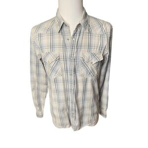 BKE Shirt Mens Pearl Snap Plaid Buckle Athletic Fit Western Tan Blue Large